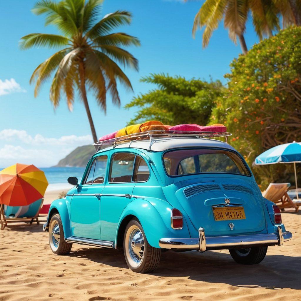 A dynamic scene featuring a stylish beachside car with polished rims parked on the sand, surrounded by colorful beach umbrellas and sunbathers in fashionable bikinis. Incorporate vibrant summer colors, waves lapping in the background, and a sense of fun and adventure. Highlight the blend of automotive elegance and beach life, with a sunny blue sky above. super-realistic. vibrant colors. 3D.