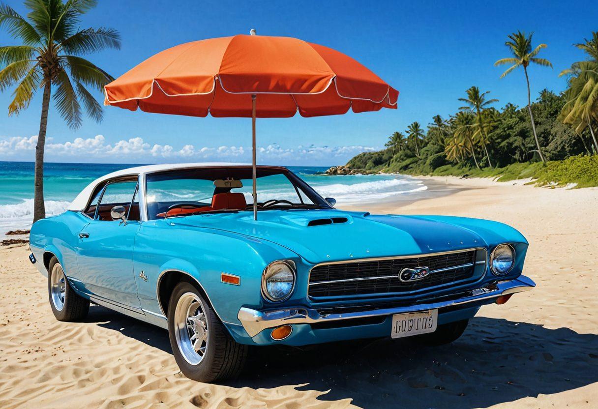A sunny beach scene with a stylish car parked nearby, showcasing an array of vibrant car accessories like colorful seat covers and sunglasses on the dashboard. Surrounding the car, fashionable swimwear hangs from a beach umbrella accompanied by beach towels and flip-flops, inviting viewers into a summer vibe. The ocean waves gently lap at the shore in the background under a bright blue sky. super-realistic. vibrant colors. tropical theme.