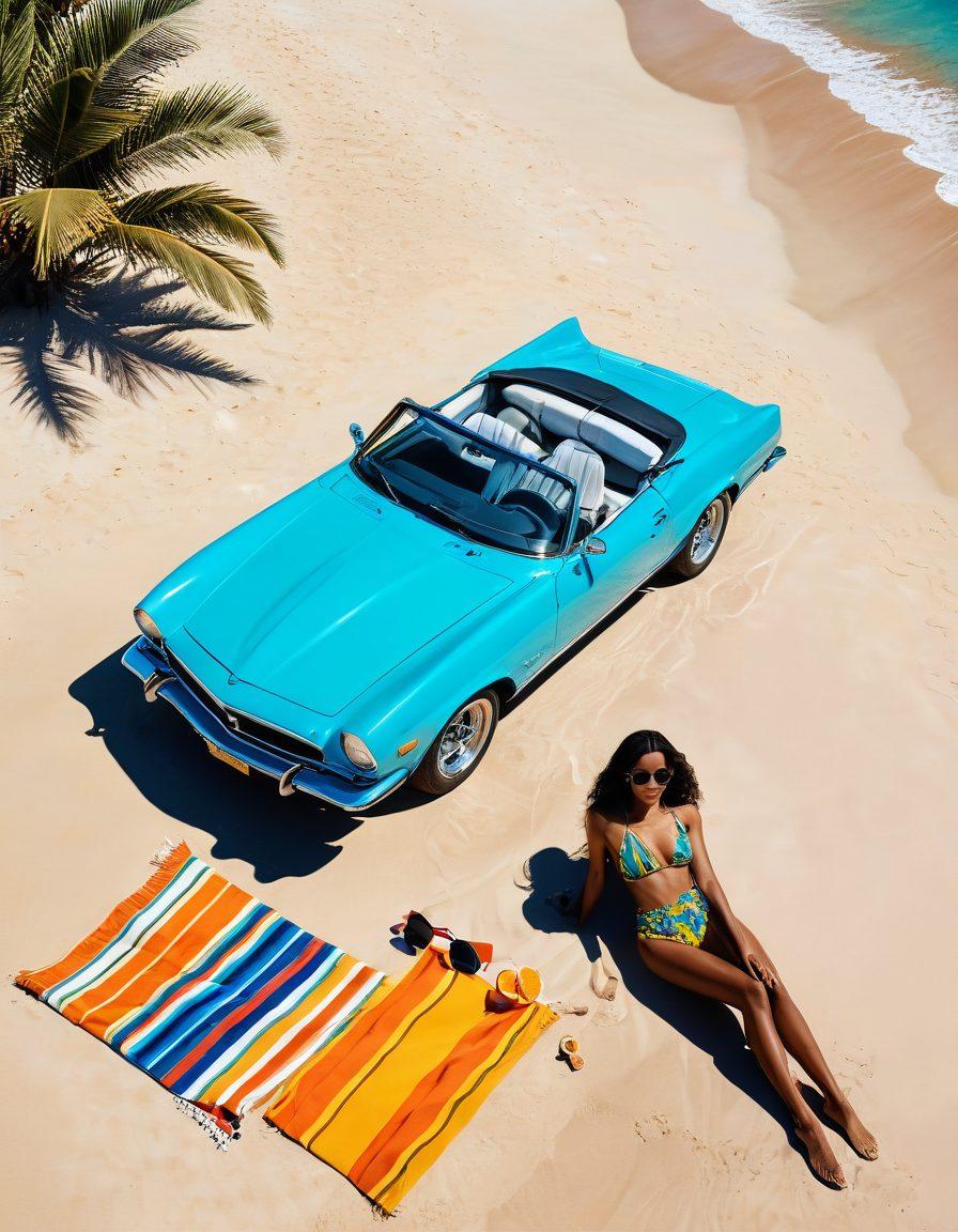 A sleek, modern car parked by a picturesque beach with vibrant summer colors in the background. Models showcasing fashionable swimwear while lounging near the car, embodying a stylish and luxurious summer vibe. The sun is shining bright, casting warm rays, enhancing the colors of the scene. Include stylish accessories like sunglasses and beach towels scattered around. super-realistic. vibrant colors. summer aesthetic.